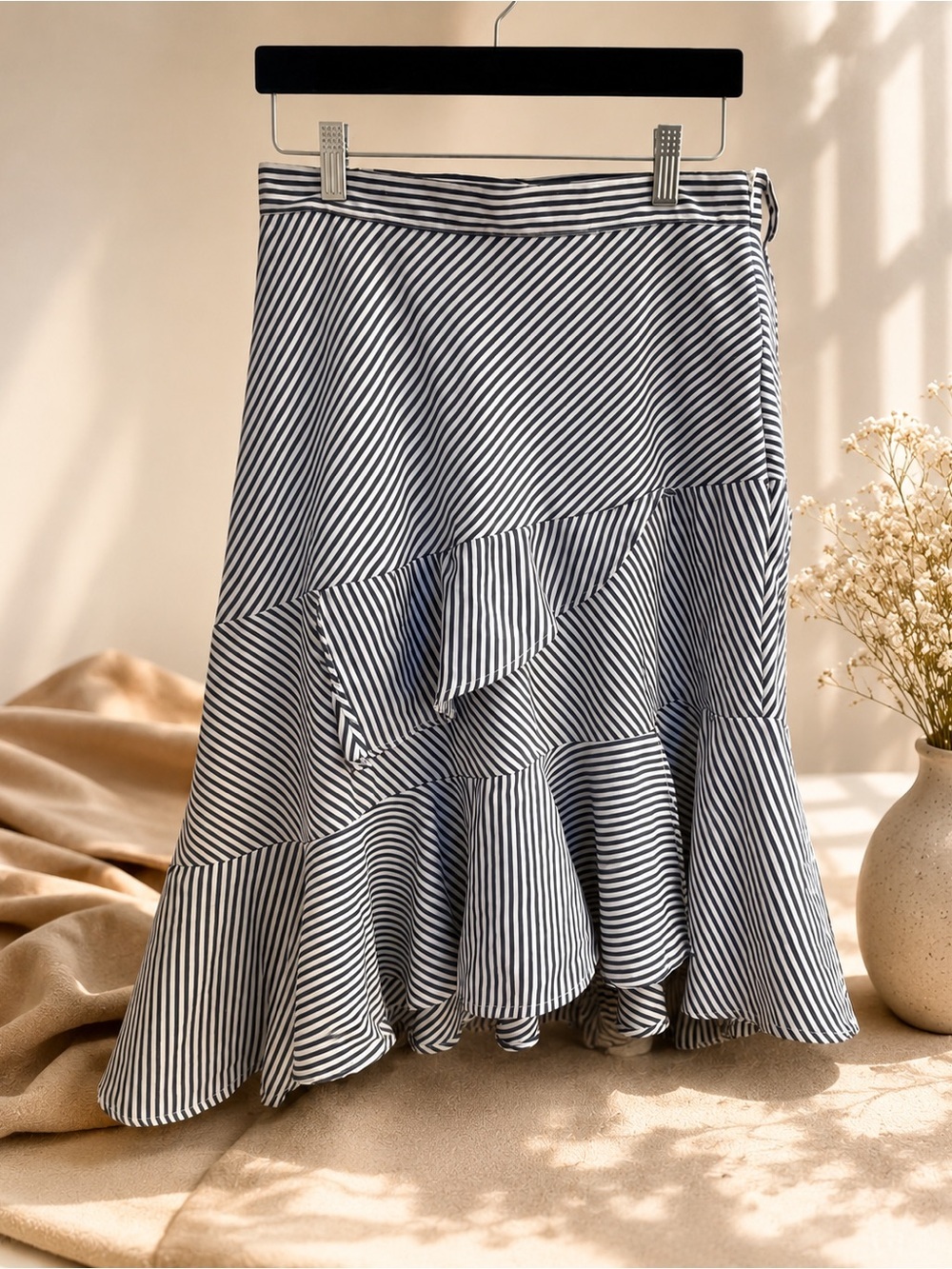 Navy & White Striped Ruffle Midi Skirt Elegant Feminine Size L - Picture 3 of 5